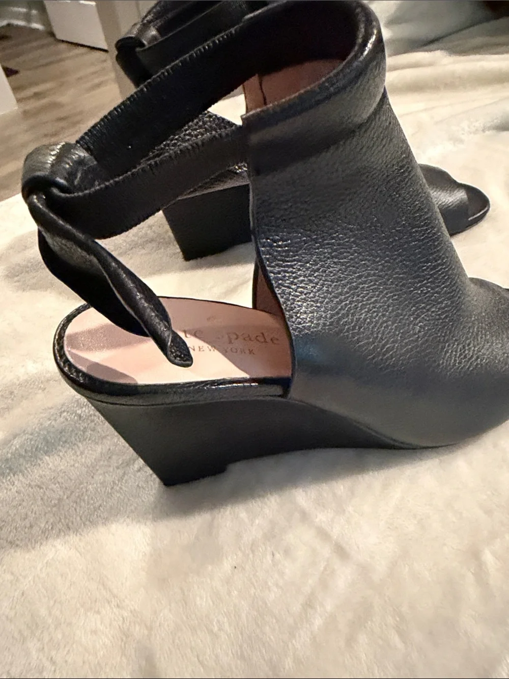kate spade Black Leather Open-Toe Ankle-Wrap Wedge Sandals